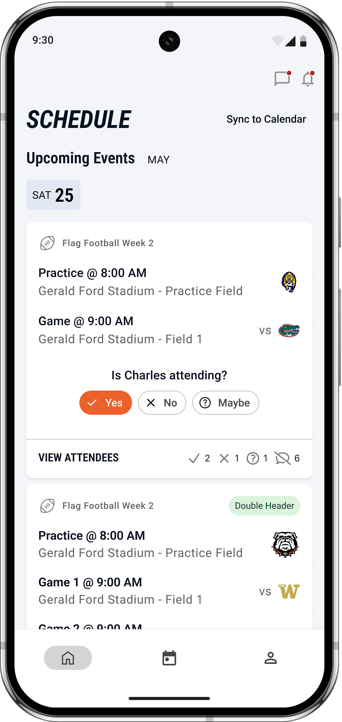 Next Level Sports app schedule screen